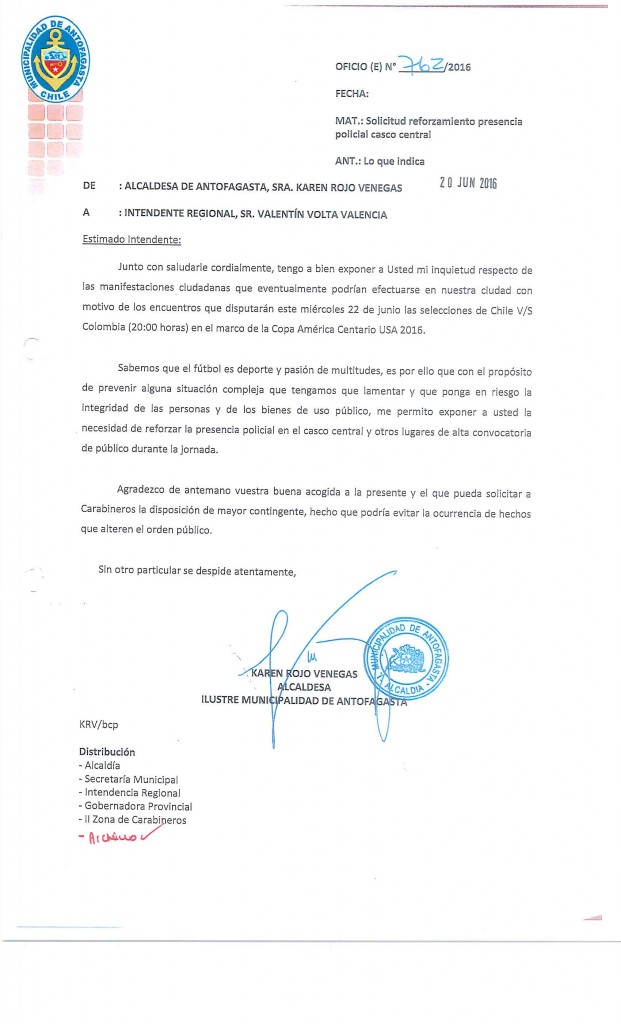OFICIO ALCALDESA A INTENDENTE POR PARTIDO DE FÚTBOL